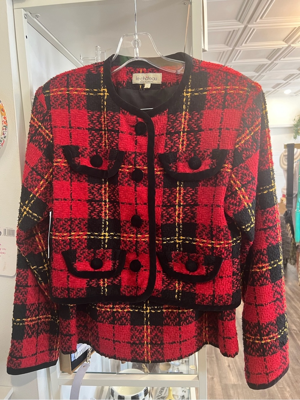 le chateau vintage Red Plaid Tweed Jacket and Skirt Set with black velvet trim